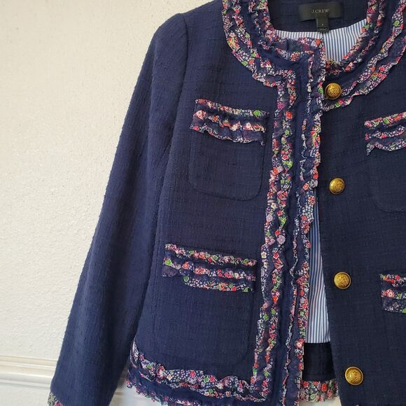 J Crew Lady Jacket Blazer Liberty Floral Trim Tweed Preppy Navy Blue Womens 2 - Picture 3 of 16